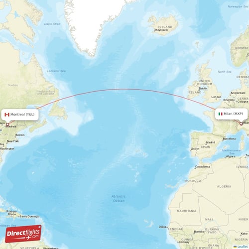 Milan - Montreal direct flight map