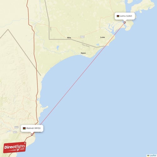 Malindi - Lamu direct flight map