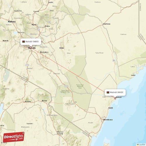 Malindi - Nairobi direct flight map