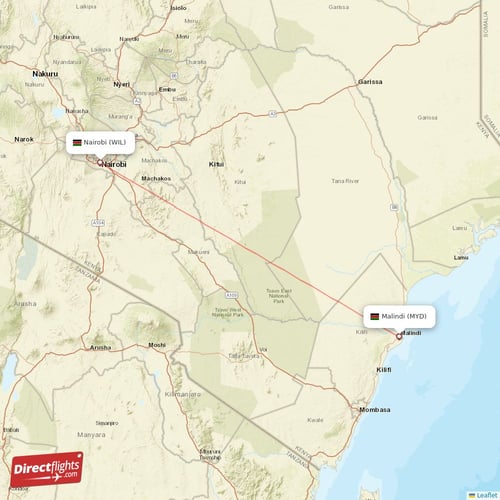 Malindi - Nairobi direct flight map