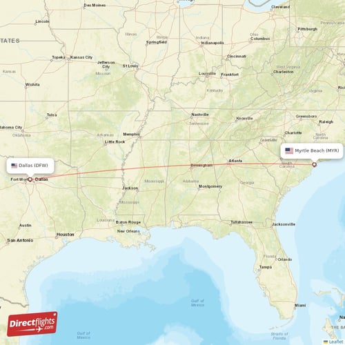 Myrtle Beach - Dallas direct flight map