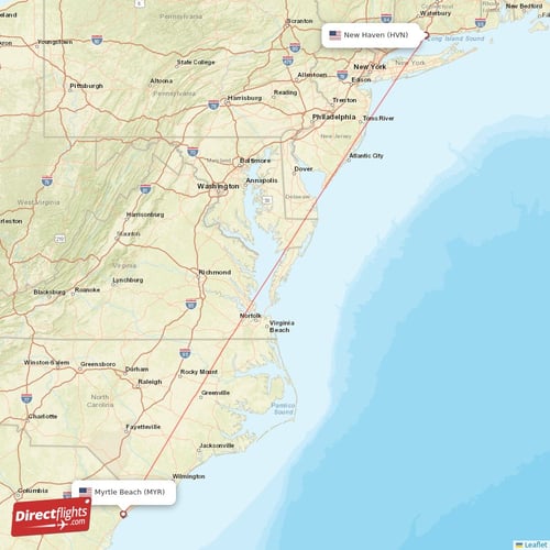 Myrtle Beach - New Haven direct flight map