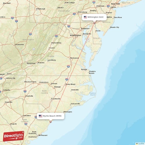 Myrtle Beach - Wilmington direct flight map