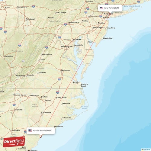 Myrtle Beach - New York direct flight map
