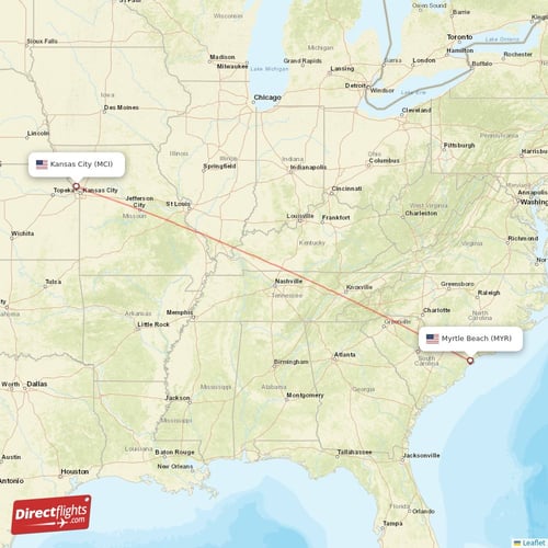 Myrtle Beach - Kansas City direct flight map