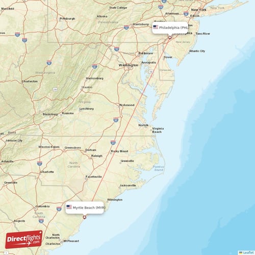 Myrtle Beach - Philadelphia direct flight map