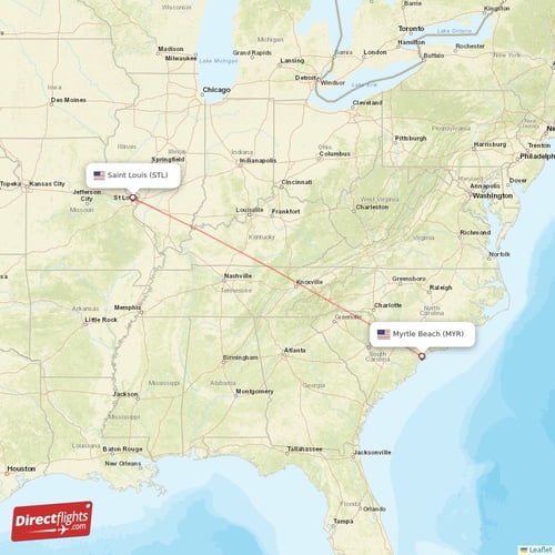 Myrtle Beach - Saint Louis direct flight map