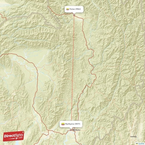 Myitkyina - Putao direct flight map