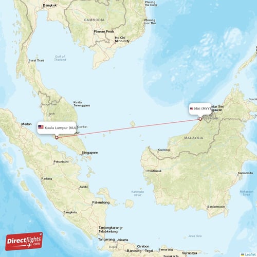Miri - Kuala Lumpur direct flight map