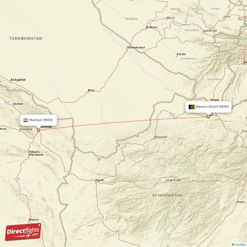 Mazar-I-Sharif - Mashad direct flight map
