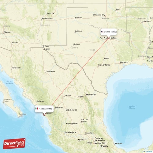Mazatlan - Dallas direct flight map