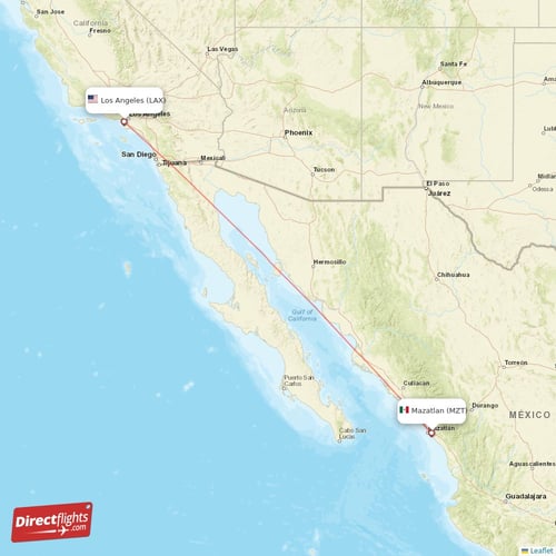Mazatlan - Los Angeles direct flight map
