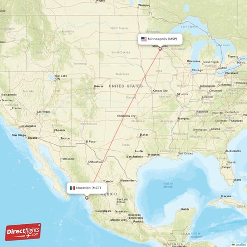 Mazatlan - Minneapolis direct flight map