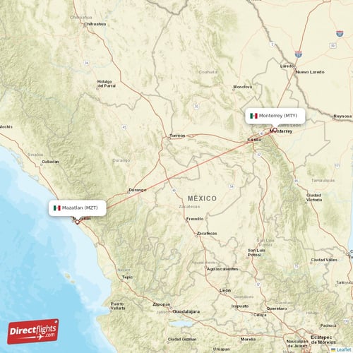 Mazatlan - Monterrey direct flight map