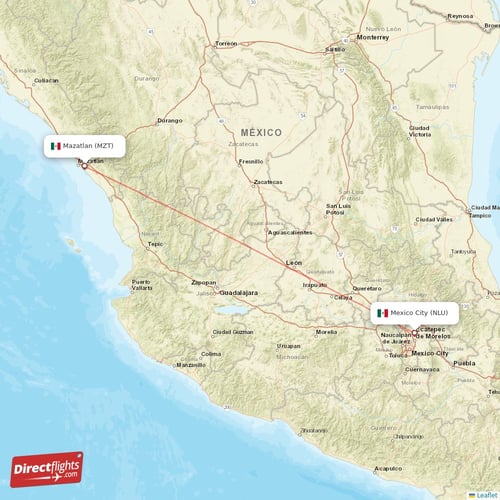 Mazatlan - Mexico City direct flight map