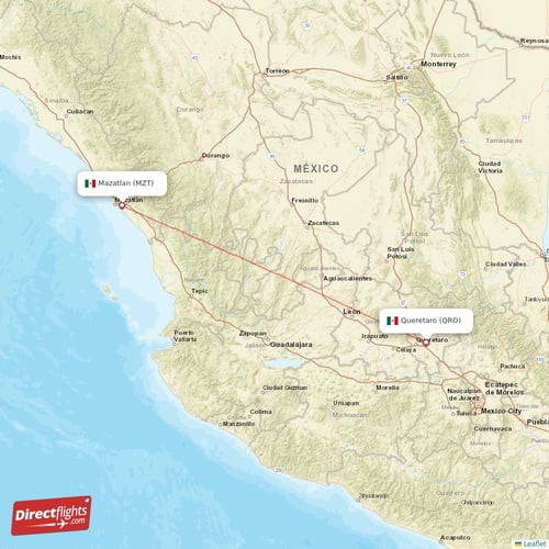 Mazatlan - Queretaro direct flight map