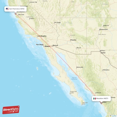 Mazatlan - San Francisco direct flight map