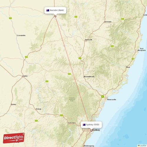 Narrabri - Sydney direct flight map
