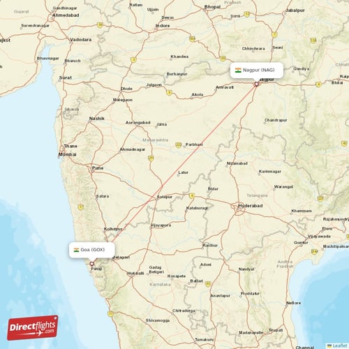 Nagpur - Goa direct flight map