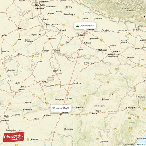 Nagpur - Lucknow direct flight map