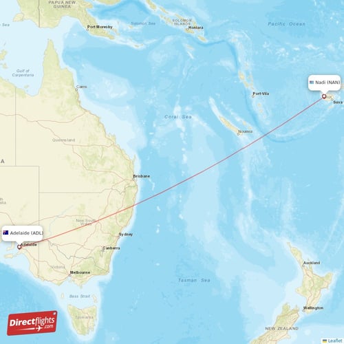 Nadi - Adelaide direct flight map