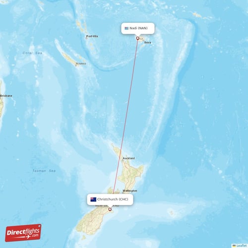 Nadi - Christchurch direct flight map