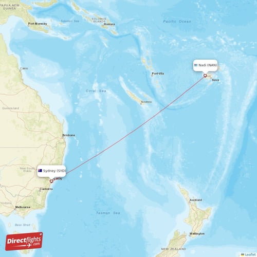 Nadi - Sydney direct flight map
