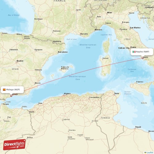 Naples - Malaga direct flight map