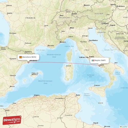 Naples - Barcelona direct flight map