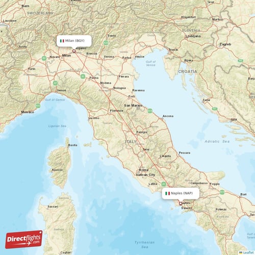 Naples - Milan direct flight map