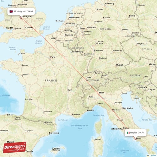 Naples - Birmingham direct flight map