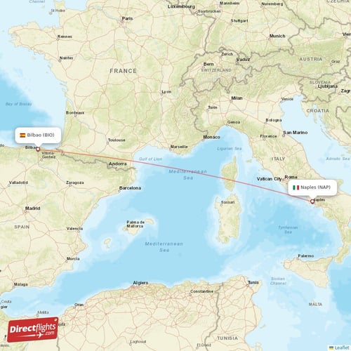 Naples - Bilbao direct flight map