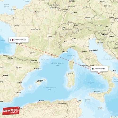 Naples - Bordeaux direct flight map