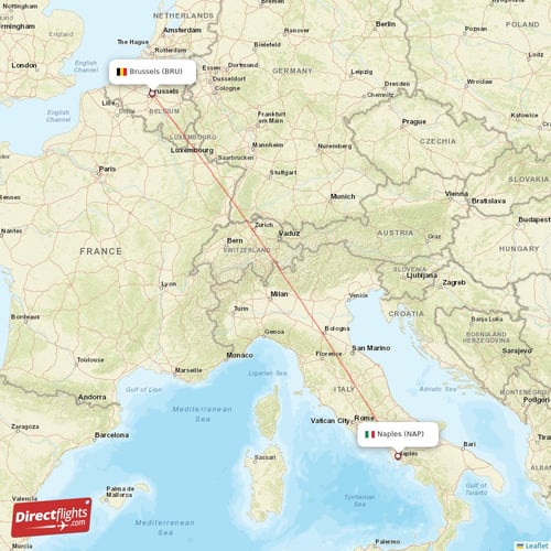 Naples - Brussels direct flight map