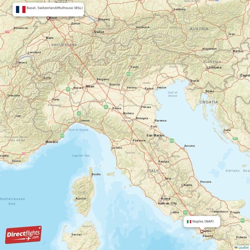 Naples - Basel, Switzerland/Mulhouse direct flight map