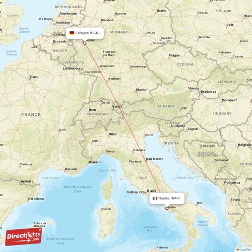 Naples - Cologne direct flight map