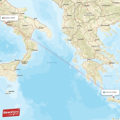 Naples - Chania direct flight map