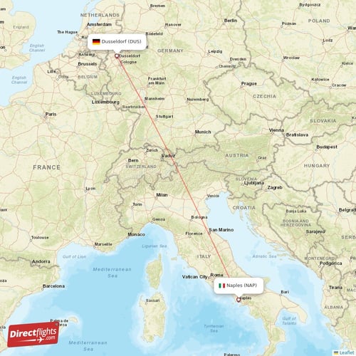 Naples - Dusseldorf direct flight map