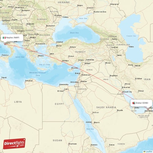 Naples - Dubai direct flight map