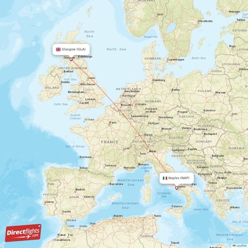 Naples - Glasgow direct flight map