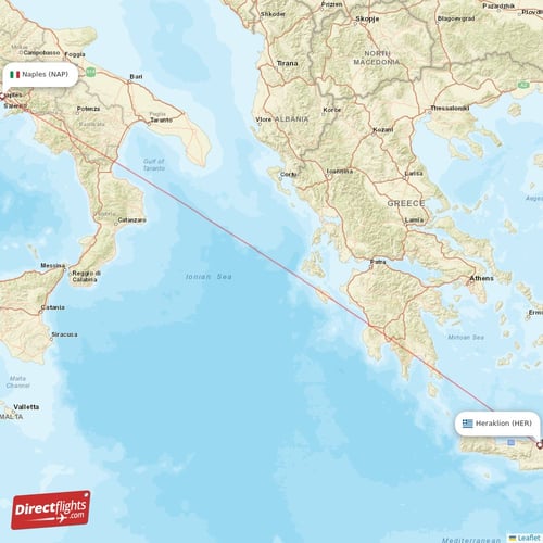 Naples - Heraklion direct flight map