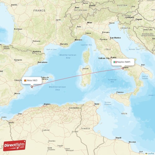 Naples - Ibiza direct flight map