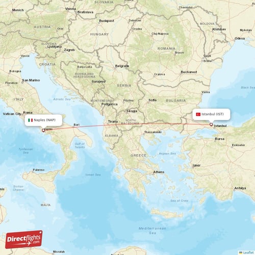 Naples - Istanbul direct flight map