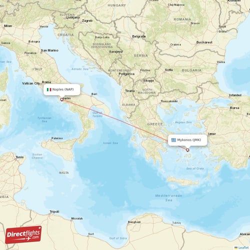 Naples - Mykonos direct flight map