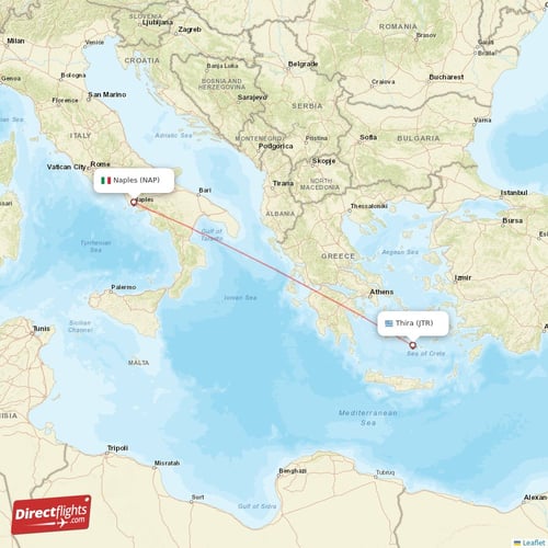 Naples - Thira direct flight map