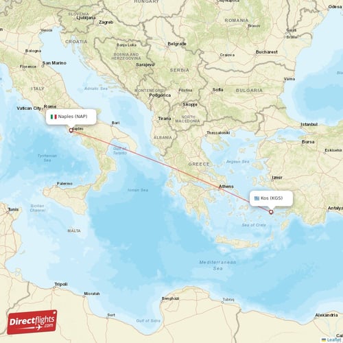 Naples - Kos direct flight map
