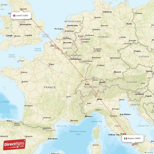 Naples - Leeds direct flight map