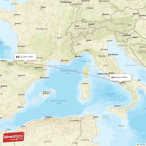 Naples - Lourdes direct flight map