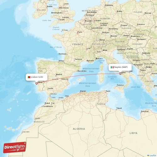 Naples - Lisbon direct flight map