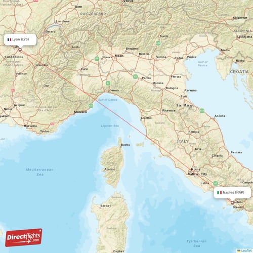 Naples - Lyon direct flight map